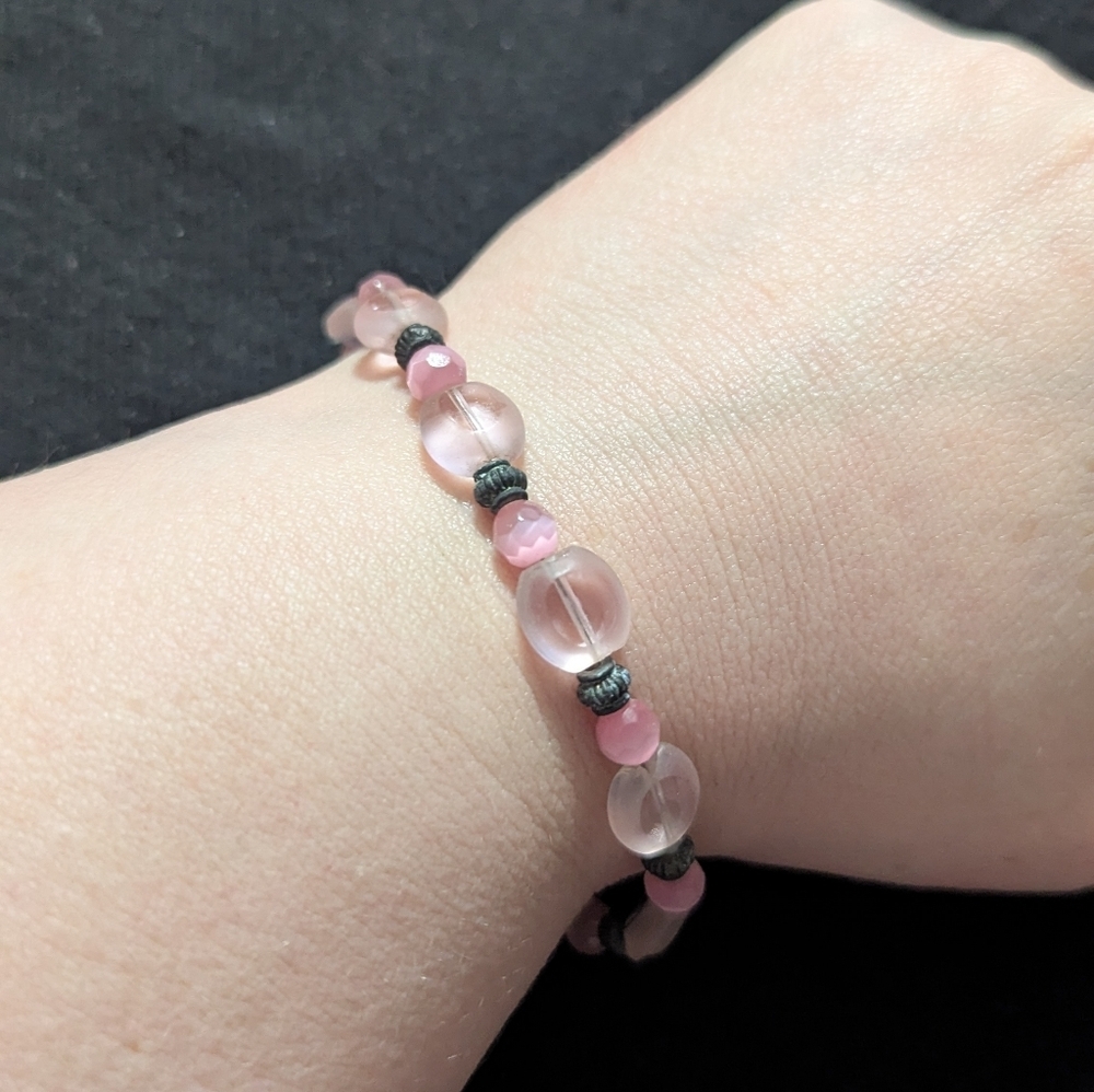Pastel Pink Beaded Pink Ribbon Charm Breast Cancer Awareness Statement Bracelet